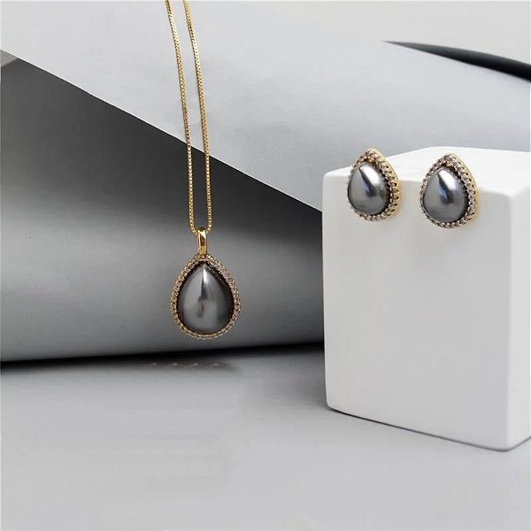 Colar e brinco gota pérola shell grafite zircônia ouro semijoia