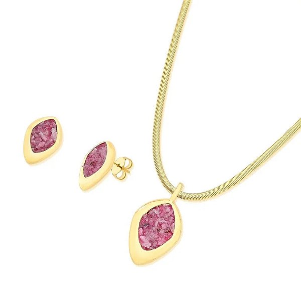 Colar e brinco pedra natural rodonita rosa ouro semijoia