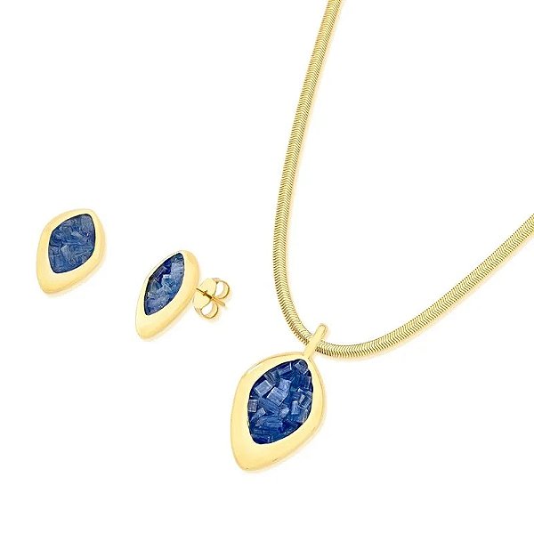Colar e brinco pedra natural cianita azul ouro semijoia