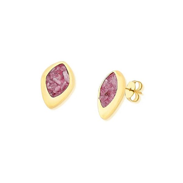 Brinco pedra natural rodonita rosa ouro semijoia