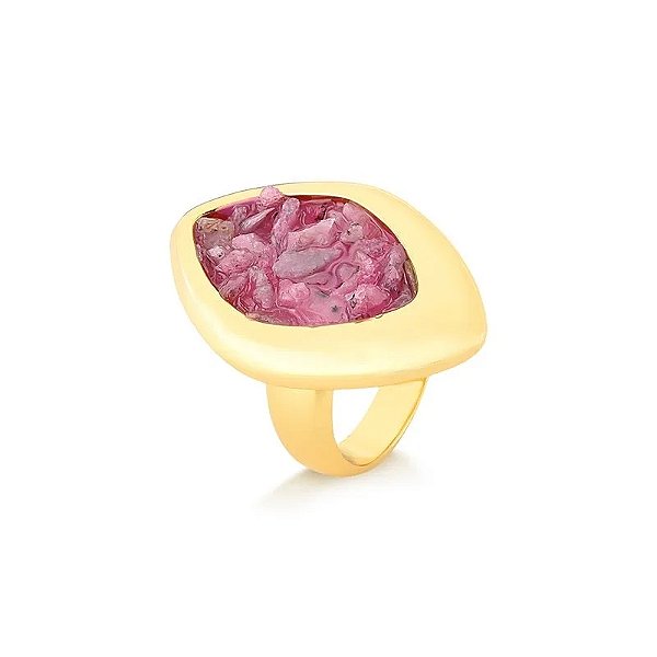 Anel pedra natural rodonita rosa ouro semijoia