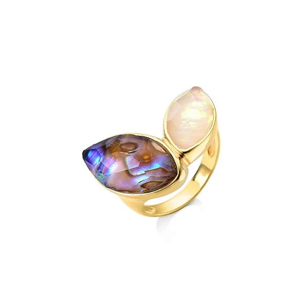 Anel pedras naturais abalone e nautilus ouro semijoia