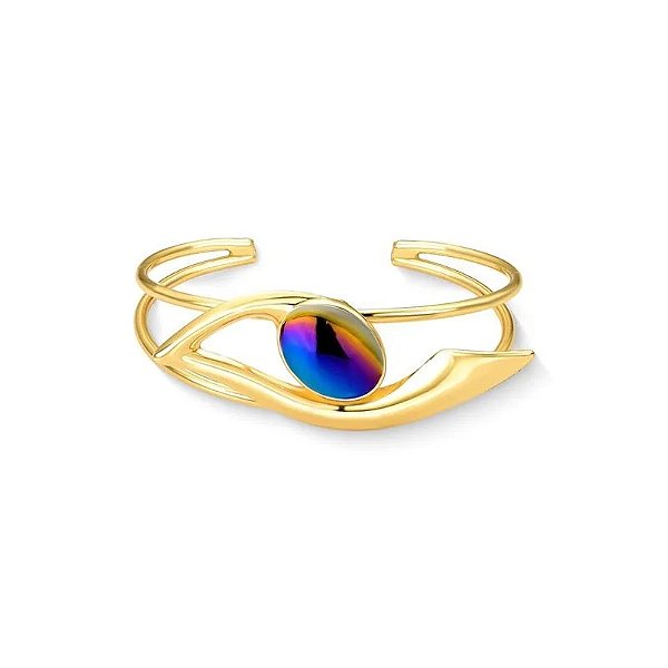 Bracelete pedra natural ágata metalizada rainbow ouro semijoia