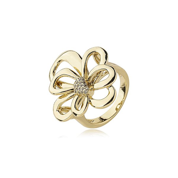 Anel orquídea zircônia ouro semijoia