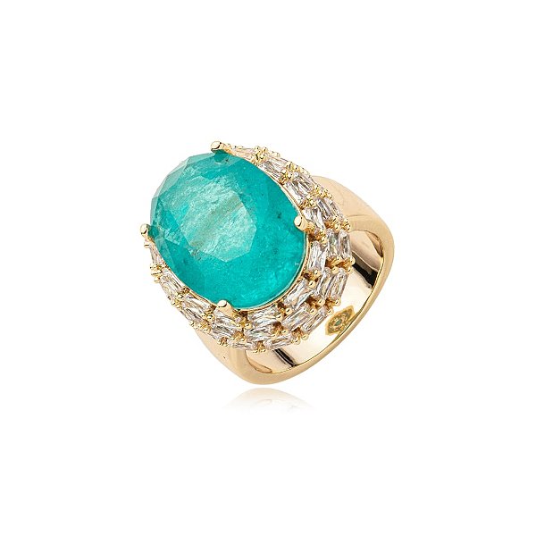 Anel oval cristal fusion turmalina zircônia ouro semijioia ZH11