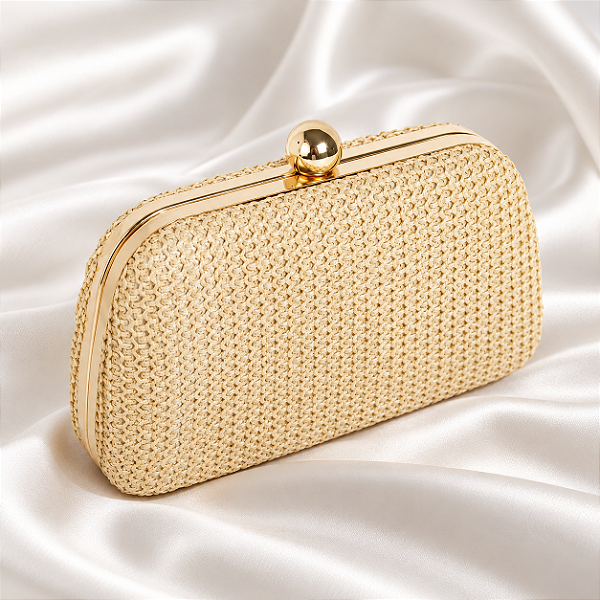 Bolsa Clutch de Palha Bege com Fecho Esfera Dourado