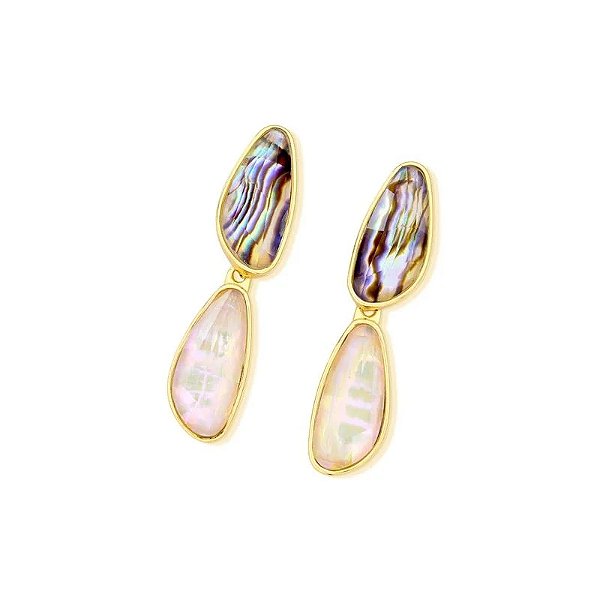 Brinco pedras naturais abalone e nautilus ouro semijoia