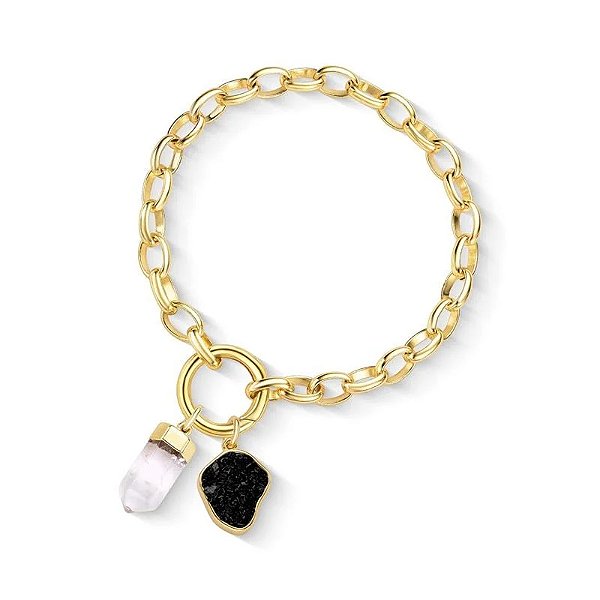 Pulseira elos pingentes pedras naturais ouro semijoia
