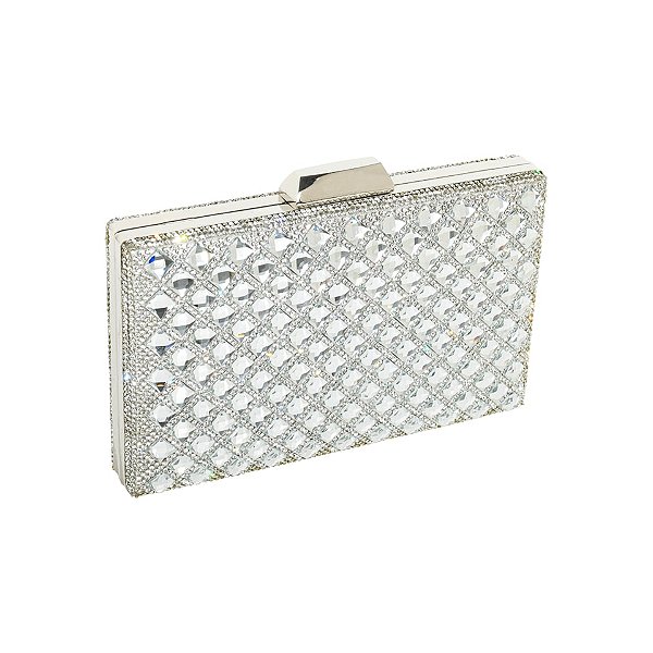Clutch retangular com cristais prateado S-404