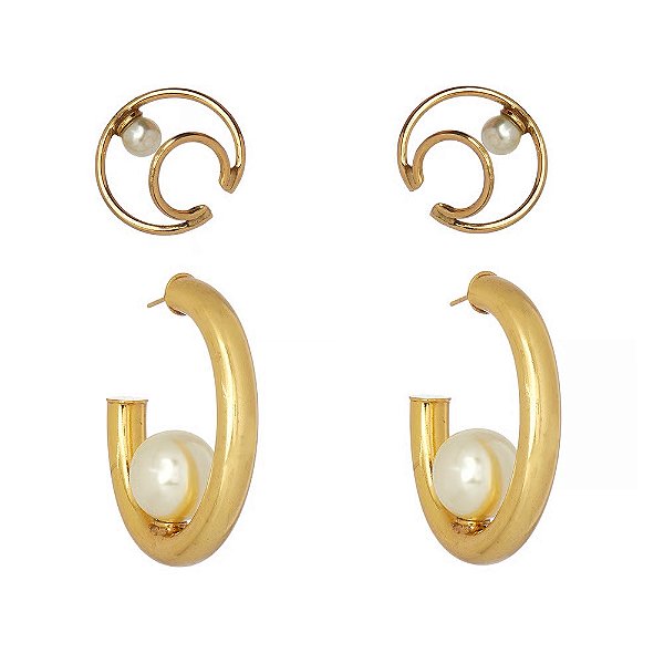 Kit brincos Nádia Gimenes argola oval e piercing pérola ouro semijoia