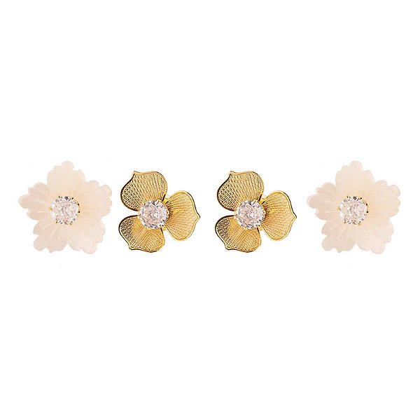Kit 2 brincos Mariana Amaral flores zircônia ouro semijoia