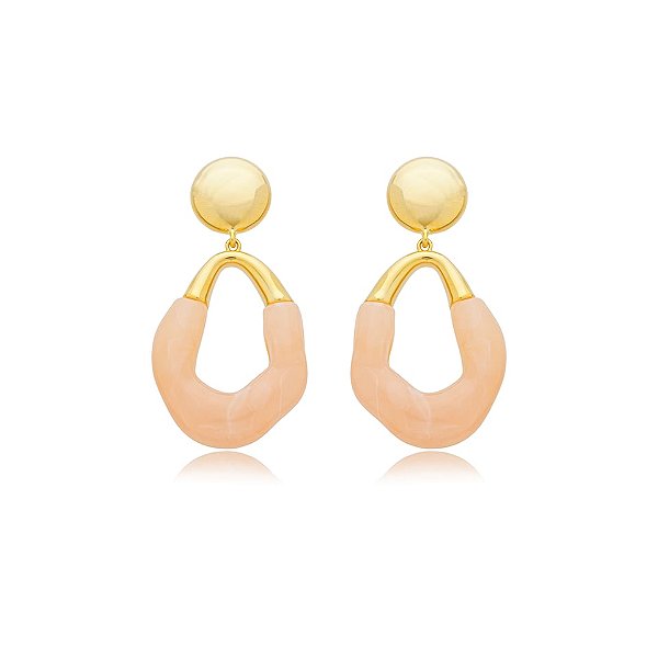 Brinco Mariana Amaral oval resina rosa ouro semijoia
