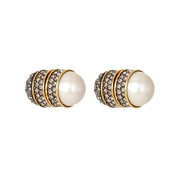 Brinco Hector Albertazzi front back pérola strass ouro vintage