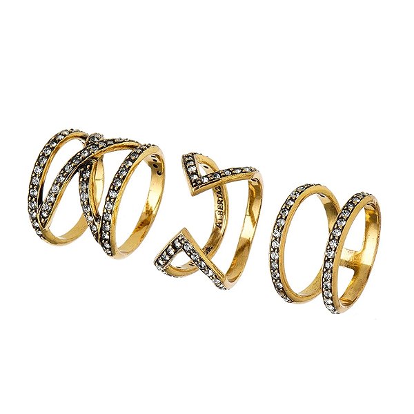 Kit 3 anéis Hector Albertazzi line cristais ouro vintage