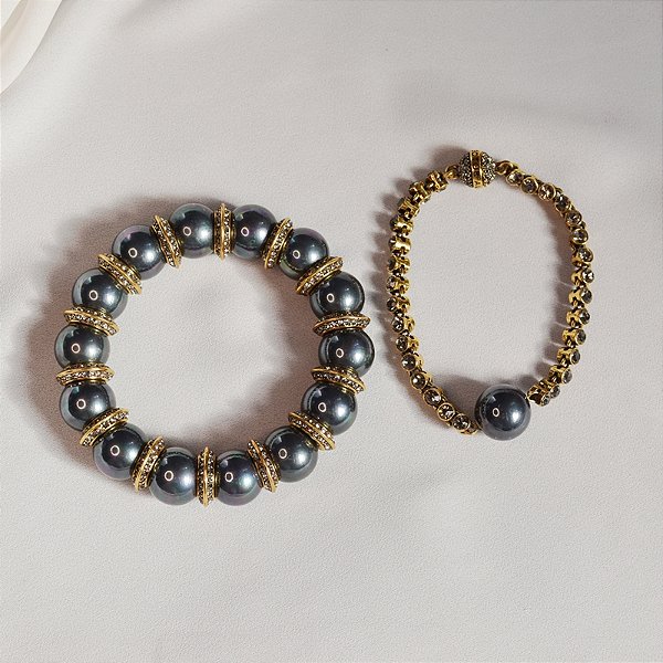 Kit 2 pulseiras Hector Albertazzi pérola negra ouro vintage
