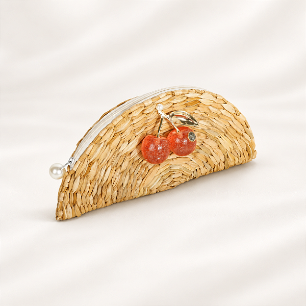 Bolsa Clutch de Palha Natural com Cereja Alana Tenório