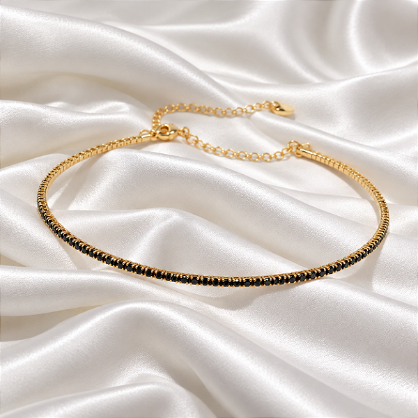 Colar Chocker Aro Fino Com Zircônias Pretas 7763