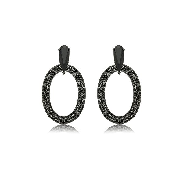 Brinco oval zircônia black ródio negro semijoia BA 3696