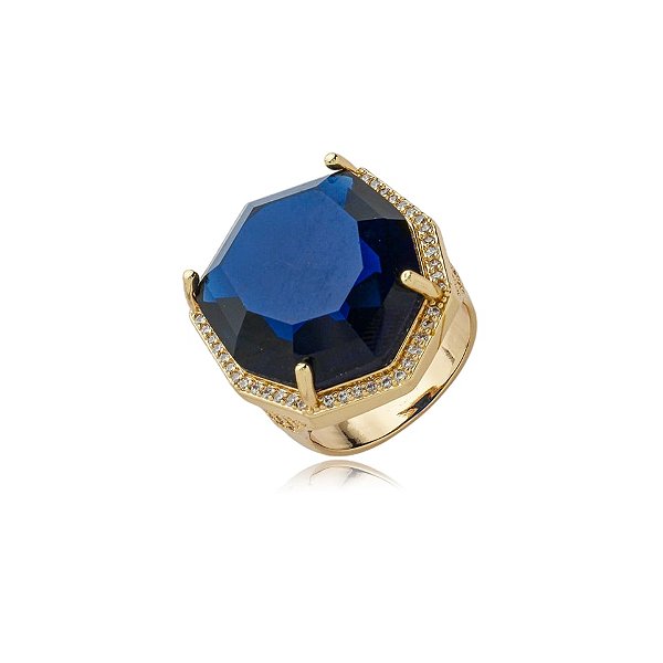 Anel zircônia azul marinho ouro semijoia