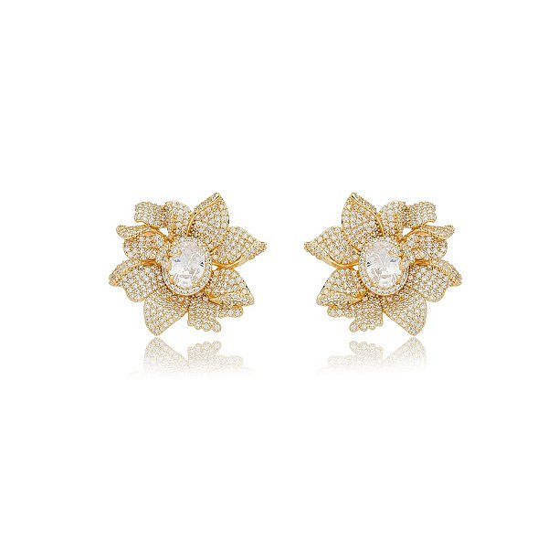 Brinco flor zircônia ouro semijoia