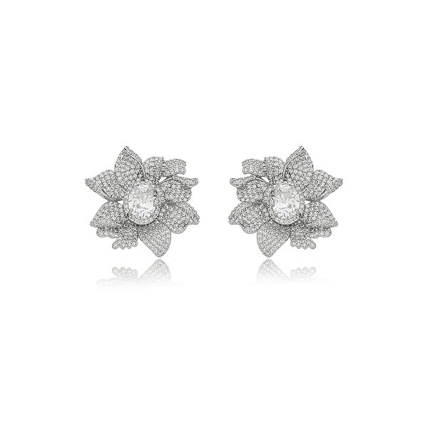 Brinco flor zircônia ródio semijoia