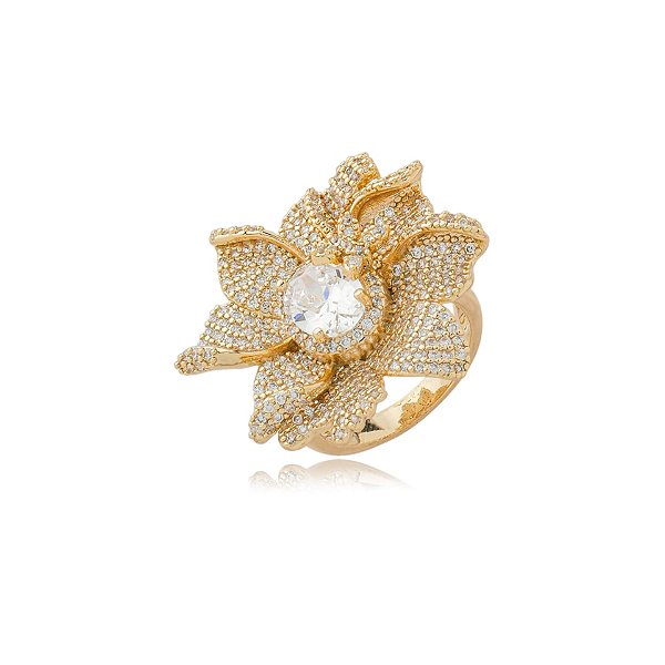 Anel flor zircônia ouro semijoia