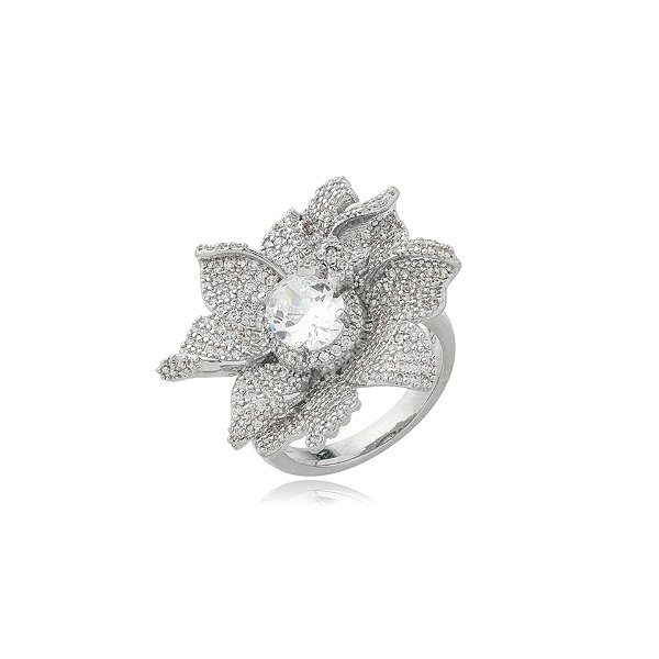 Anel flor zircônia ródio semijoia