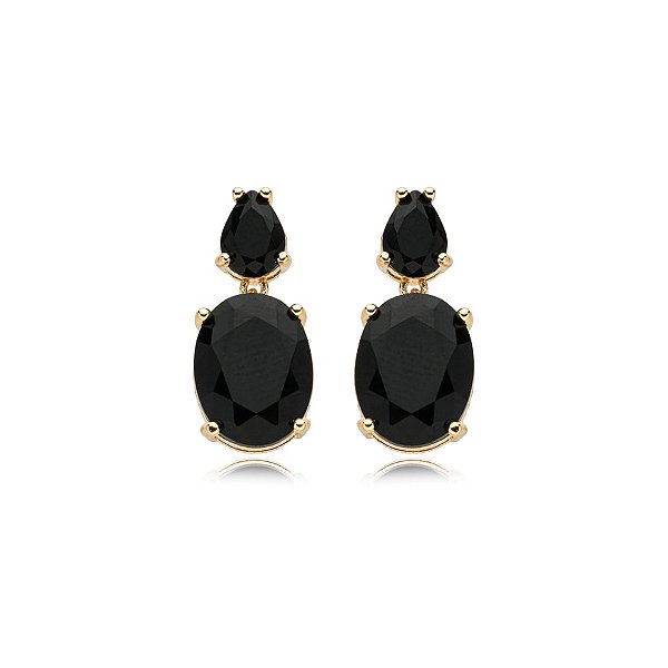 Brinco gota cristal preto ouro semijoia 19a11088