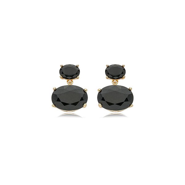 Brinco oval cristal preto ouro semijoia 19k11095