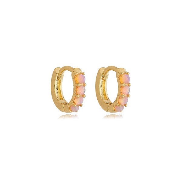 Brinco argolinha cristal opala rosa ouro semijoia 25k01057