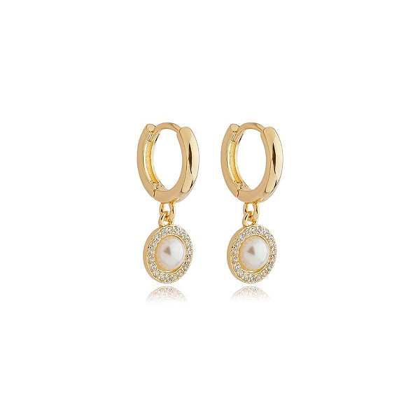 Brinco argolinha penduricalho pérola zircônia ouro semijoia 25a01012