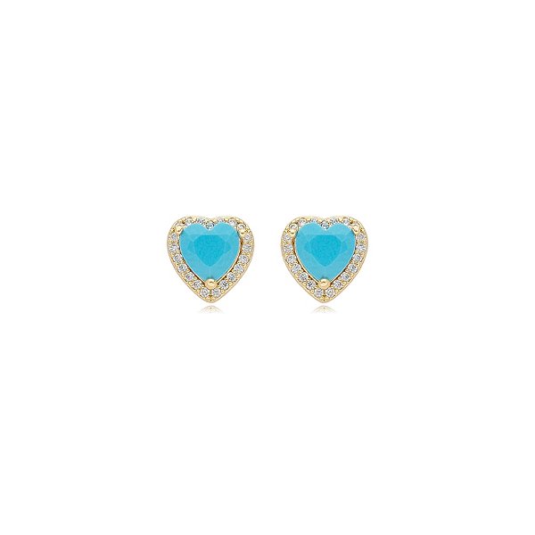 Brinco coração turquesa zircônia ouro semijoia 25a01068