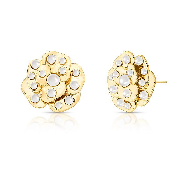 Brinco flor pérola shell ouro semijoia