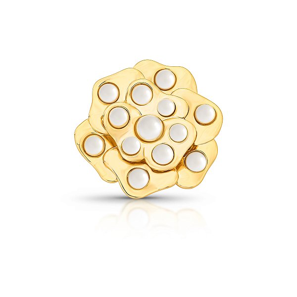 Broche flor pérola shell ouro semijoia