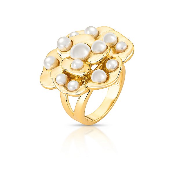 Anel flor pérola shell ouro semijoia