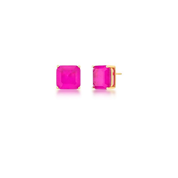 Brinco quadrado cristal fusion pink ouro semijoia