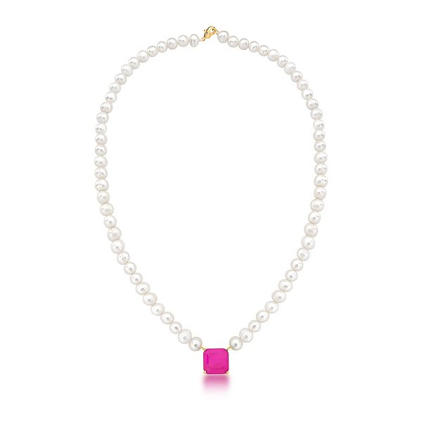 Colar pérola de água doce cristal fusion pink ouro semijoia
