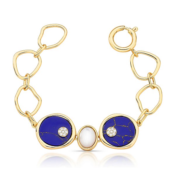 Pulseira cristal lápis lazuli madrepérola ouro semijoia