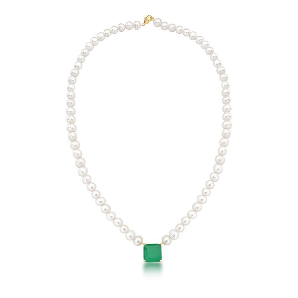Colar pérola água doce cristal verde ouro semijoia