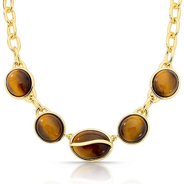 Colar oval pedra natural olho de tigre ouro semijoia