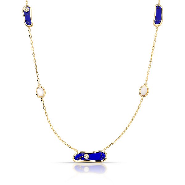 Colar longo cristal lápis lazuli madrepérola ouro semijoia