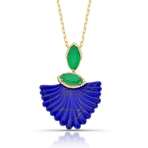 Colar flor cristal lápis lazuli ouro semijoia