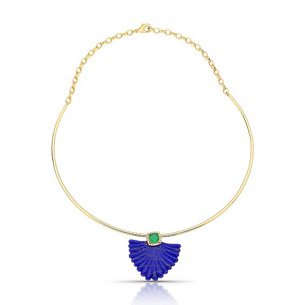 Colar aro flor cristal lápis lazuli ouro semijoia