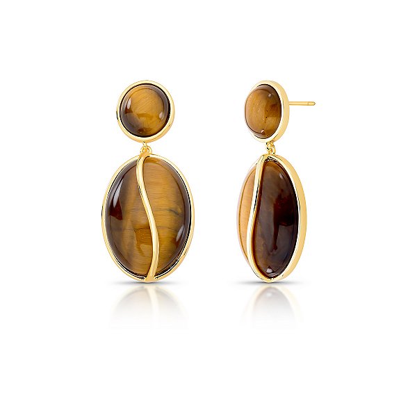 Brinco oval pedra natural olho de tigre ouro semijoia