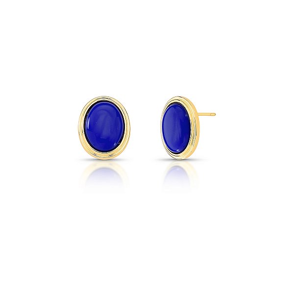 Brinco oval cristal lápis lazuli ouro semijoia