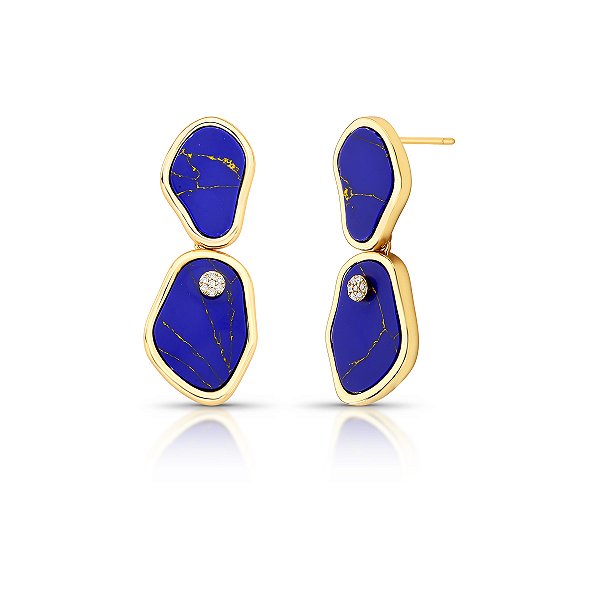 Brinco 2 em 1 cristal lápis lazuli ouro semijoia