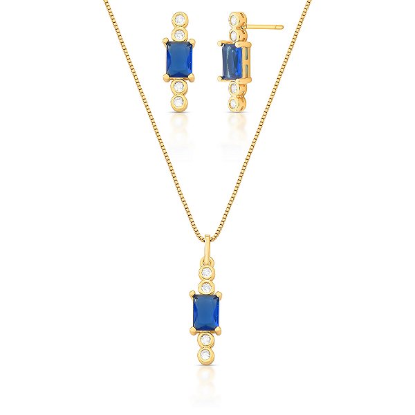 Colar e brinco cristal azul ouro semijoia