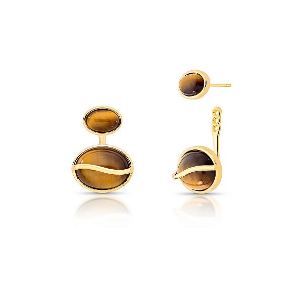 Brinco ear jacket pedra natural olho de tigre ouro semijoia