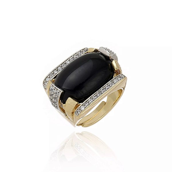 Anel ajustável Cristina Sabatini ágata preta ouro semijoia