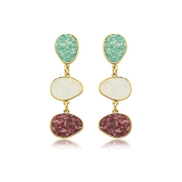 Brinco pedras naturais amanzonita verde selenita e rodonita rosa ouro semijoia